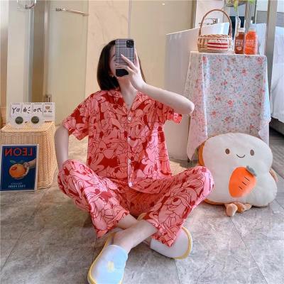 China High Quality Breathable Summer Sleeve Printed Short Pants Hotspot Ice Silk Pajamas Women for sale