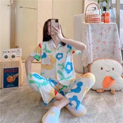 China High Quality Breathable Summer Sleeve Printed Short Pants Hotspot Ice Silk Argyle Pajamas Women Geometric Printing Design for sale