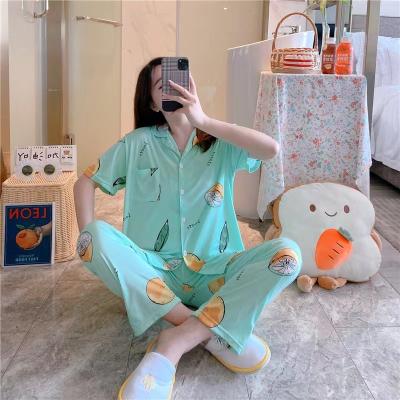 China High Quality Breathable Summer Sleeve Print Short Pants Hotspot Ice Silk Turquoise Fruit Pajamas Women for sale