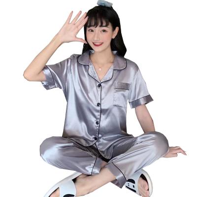 China Factory wholesale large size women's pajamas ice design spring spot QUICK DRY and skin color summer pure silk short thin sleeve pants for sale