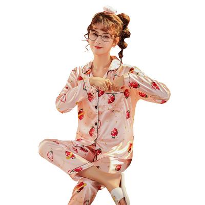 China Wholesale New Spring and Strawberry Printing Summer Long Sleeve Lapel Home High Quality QUICK DRY Casual Pajamas For Women for sale