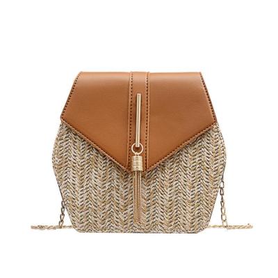 China Fashion women beach hexagon straw handbag wholesale, hexagon mulit style straw leather handbag womem, small straw tote bag daily bag for sale