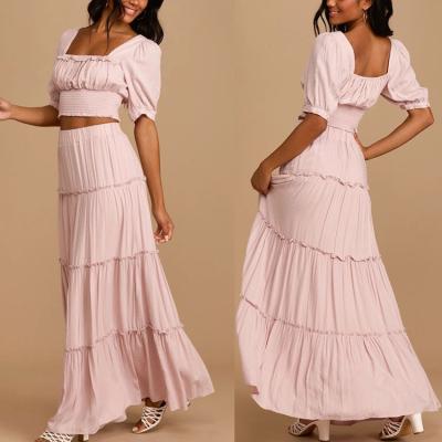 China Anti-wrinkle fashion half puff sleeve gathered bodice smocked edge crop top and skirts sets tiered women two piece maxi dress for sale