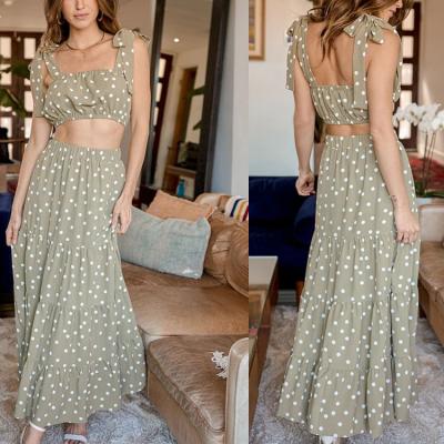 China Anti-wrinkle new arrival super fashionable cropped tank top and skirts sage green tiered polka dot two piece maxi dress for female for sale