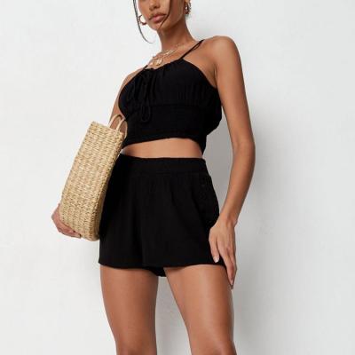 China Anti-pilling Rayon Pleat Summer Clothing Girls Crop Tops And Sleeveless Blouse Popular Ruched Shorts Sets Supplier for sale