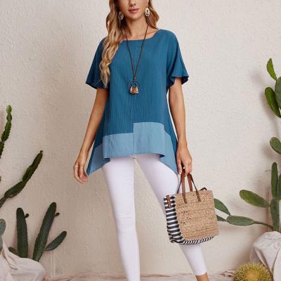 China Anti-pilling Wholesale Two Tone Linen Plain Fitted T-shirts Contrast Panel Batwing Sleeve Crepe T-shirts Blouse For Ladies for sale