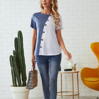 China Custom Anti-pilling Blue Half Button Front Color Block T-shirts Cotton Spandex Cotton Spandex Regular Fitted Classic Women Top Shirts for sale