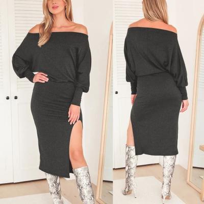 China Long Dolman Sleeves Anti-wrinkle Ribbed Knit Autumn Women Clothing Skirts Street Chic Charcoal Gray Off Shoulder Midi Dresses for sale