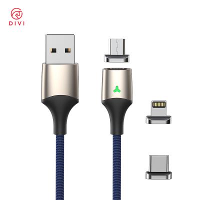 China With LED indicator+360Â ° 360 Degree Rotation Micro Magnetic Rotation + Type C + Lightning LED USB Charger Cable 3 in 1 Magnetic Charging Cable for sale