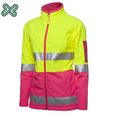 China Autumn No Lining Winter Front Hi Vis Yellow /pink High Visibility Winter Zipper Safety Softshell Jacket Pink Reflective Softshell Jacket E-shine for sale