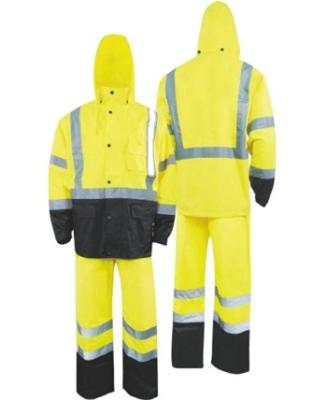 China Water Proof EN20471 High Visibility Safety 300D PU Coated Affordable Oxford Raincoat With Reflective Tape for sale