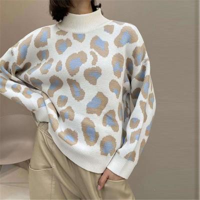 China Knit Winter Women's Sweater Leopard Print Animal Basic White Turtleneck Oversize Jumper Vintage Warm Sweater for sale