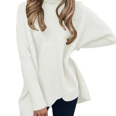 China Covering yarn Womens Turtleneck Long Batwing Sleeve Asymmetric Hem Casual Pullover Sweater Knit Tops for sale