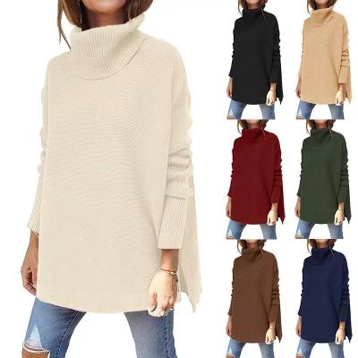 China Acrylic fibers Women's Turtleneck Oversized Sweaters Fall Long Batwing Sleeve Spilt Hem Tunic Pullover Sweater Knit for sale