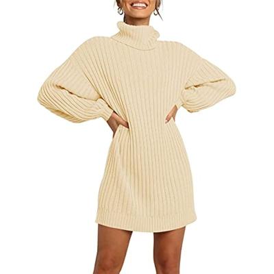 China Anti-wrinkle Women Turtleneck Long Lantern Sleeve Casual Loose Oversized Sweater Dress Soft Winter Pullover Dresses for sale