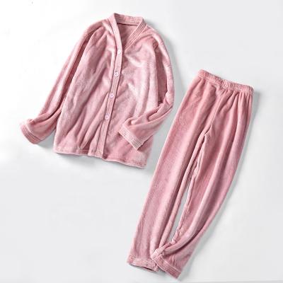 China Breathable Soft Flannel Comfortable 100% Polyester Pajamas For Female Pink Color Sleepwear For Lady Pajama For Women for sale