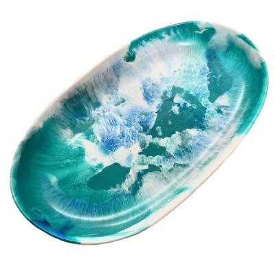 China Unique handmade acrylic resin acrylic serving tray with aqua swirl pattern and marble texture salad tray used in kitchen and hotel for sale