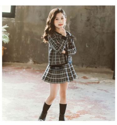 China High Quality Chinese Style MKMN Style Spring Autumn 2 Piece Knitted Girls Clothes Pink Plaid Pleated Skirt and Jacket Set for Little Girls for sale