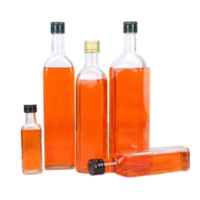 China Hot sale 500ml 750ml marasca glass bottle food brown empty luxury empty sesame frying oil square bottles with metal plastic caps for sale