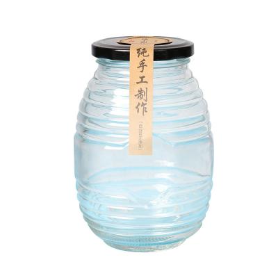 China 250ml 500ml round cheap empty clear empty honey jam jar glass food glass bottle for pickles chutney with black metal lids for sale