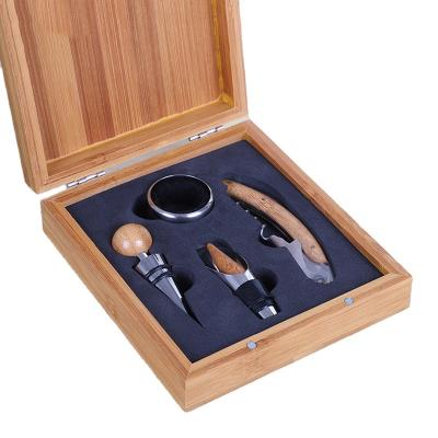 China Stock Manufacturer 4pcs Premium Wine Gift Set, Unique Bamboo Corkscrew Wine Bottle Opener Business Gift Sets For Wine Accessories for sale