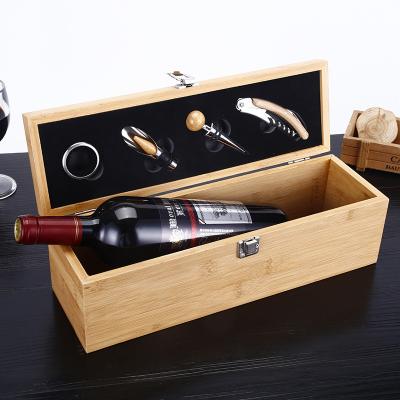 China Wholesale Handmade Customize Logo MDF And Bamboo Wooden Gift Bottle Glass Wine Packing Box Set With Wine Accessories for sale