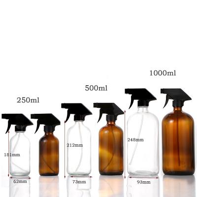 China Hot Sale 8oz 16Oz 250ml 500ml Amber Brown Pharmaceutical Boston Round Cosmetic Glass Bottles With Trigger Spray Liquid Soap Bottle for sale