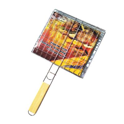 China Quality Welded Vegetable BBQ Grill Basket Stainless Steel Fish Grill Basket With Wooden Handle for sale