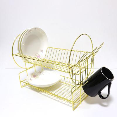 China Yiwu Sustainable Supplier High End Kitchen Wire Dish Drying Rack 2 Tier Metal Gold Storage Basket for sale