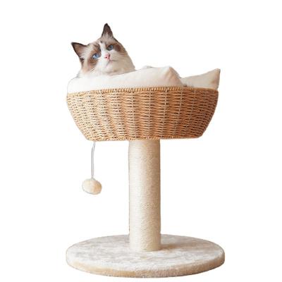 China New 2022 Wooden Cat Accessories Small Cat Tree Housing House Rattan Sustainable Removable Cat Tree for sale