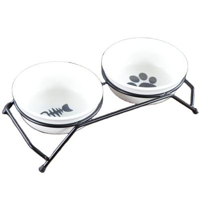 China Beautiful Custom Wholesale White Ceramic Pet Dog Bowl Viable Pet Feeding Bowl With Metal Stand for sale