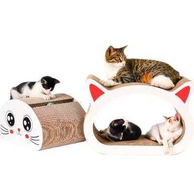 China Sustainable Relipet Custom 2 In 1 Cat Head Shape Corrugated Cat Scratcher Bed Chamber Cat Scratching Board for sale