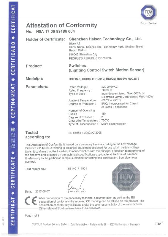 CE CERTIFICATE - Shenzhen Haisen Technology Co.,Ltd