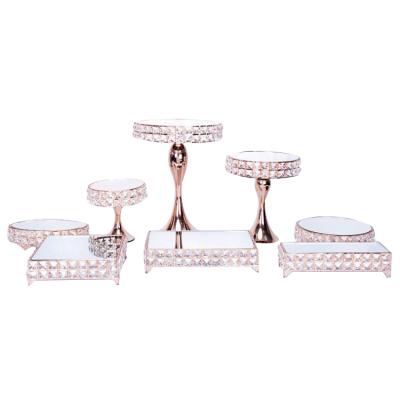 China 3 Set Round Crystal Metal Stand Dessert Viable Pieces To Wedding Snack Mirror Crystal Cake Stand for sale