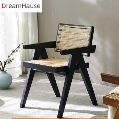 China Solid Wood Chair With Ratten Seat Dreamhause Modern Solid Wood Dining Chairs Nordic Rattan Wood Chair Cafe Armchair Living Room Balcony Lounge Chair for sale