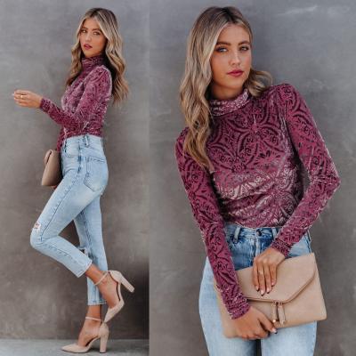 China Women's Long Sleeve Turtle Neck Print Velvet Breathable Wholesale Warm Casual Blouses Top Shirt For Autumn Winter for sale