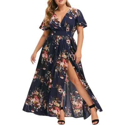 China New viable spring and summer style plus size women's floral print one line long skirt casual dress ladies dress with waist and hem slit for sale