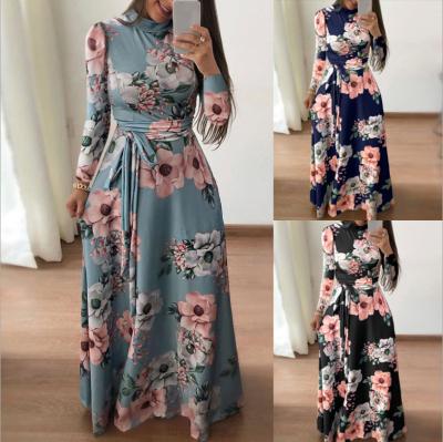 China Summer Viable Casual Dress Plus Size Women's Dress Elegant Casual Floral Print Tie Waist Long Skirt High Neck Short Sleeve Belt for sale