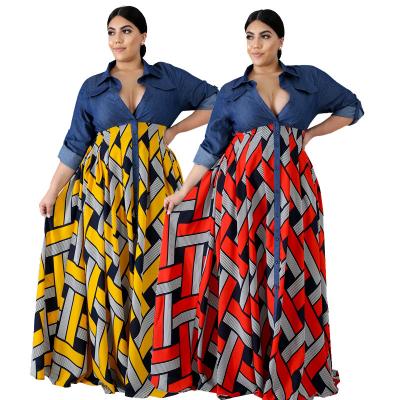 China European and American autumn and winter fashion viable ethnic style plus size ladies long skirt V-neck casual dress printed denim large s for sale