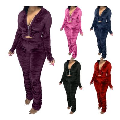 China Anti-static pure color pleated women's two-piece pants suit fashion sportswear long-sleeved casual suit for sale