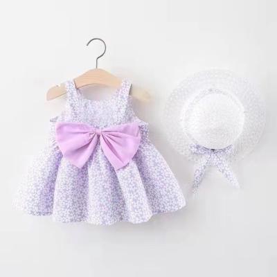 China Cute Children's Anti-wrinkle Baby Dress Printed Bow Sleeveless Baby Birthday Princess Dress and Hat Two-Piece Set for sale