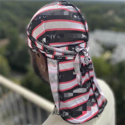 China Fashinable low MOQ unsix long elastic satin durags for men silk custom logo for sale