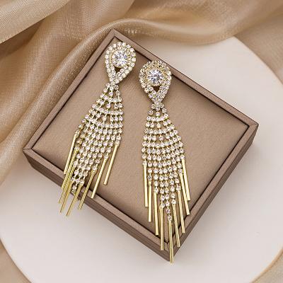 China Ladies Full Diamond Tassel Long Earrings High Quality Fashionable Personality Ladies Dangle Earrings for sale