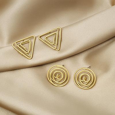 China High Quality Simple Round Triangle Earrings Matte Gold Metal Line Wrapping Geometric Stud Earrings for sale