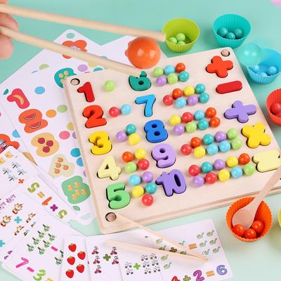 China Cartoon Toy Best Selling Montessori Number Knowledge Games Rainbow Wooden Clip Beads Toy for sale