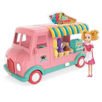 China Pink Bus Role Play Electric Ice Cream Food Truck Car with Light Music and Dolls Kitchen Toy Set for sale