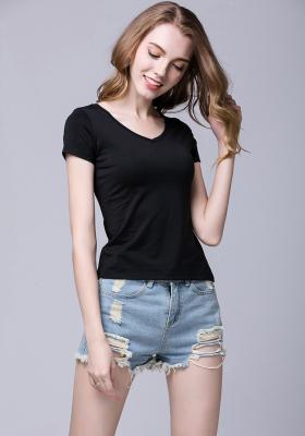 China Black Color Women's Short Sleeve V Neck T Shirts Computer Knitting Technics for sale