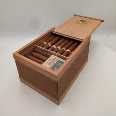 China Eco-friendly wooden cigar box with hygrometer PU cigar box leather wooden cigar storage box for sale