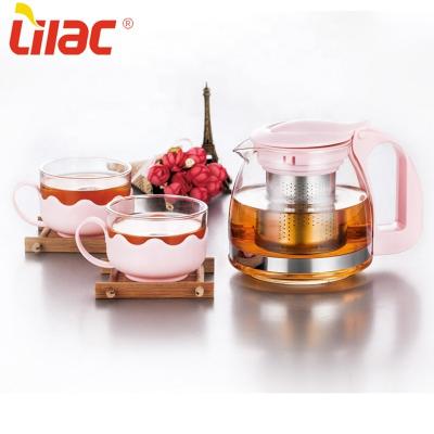 China Free sample 700ml+150ml*2 viable lilac rose glass tea set / Korean bule teapot / hi end packaging white strainer pot cup for 2 adults for sale