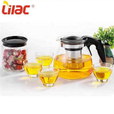 China Free Sample Viable Lilac 900ml+70ml*4 6 Piece Contemporary Japanese Flower Glass Size Tea Cup Tea Set Clear Glass Coffee Teapots for sale